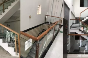 Báo giá thi công cầu thang kính tay vịn gỗ vuông